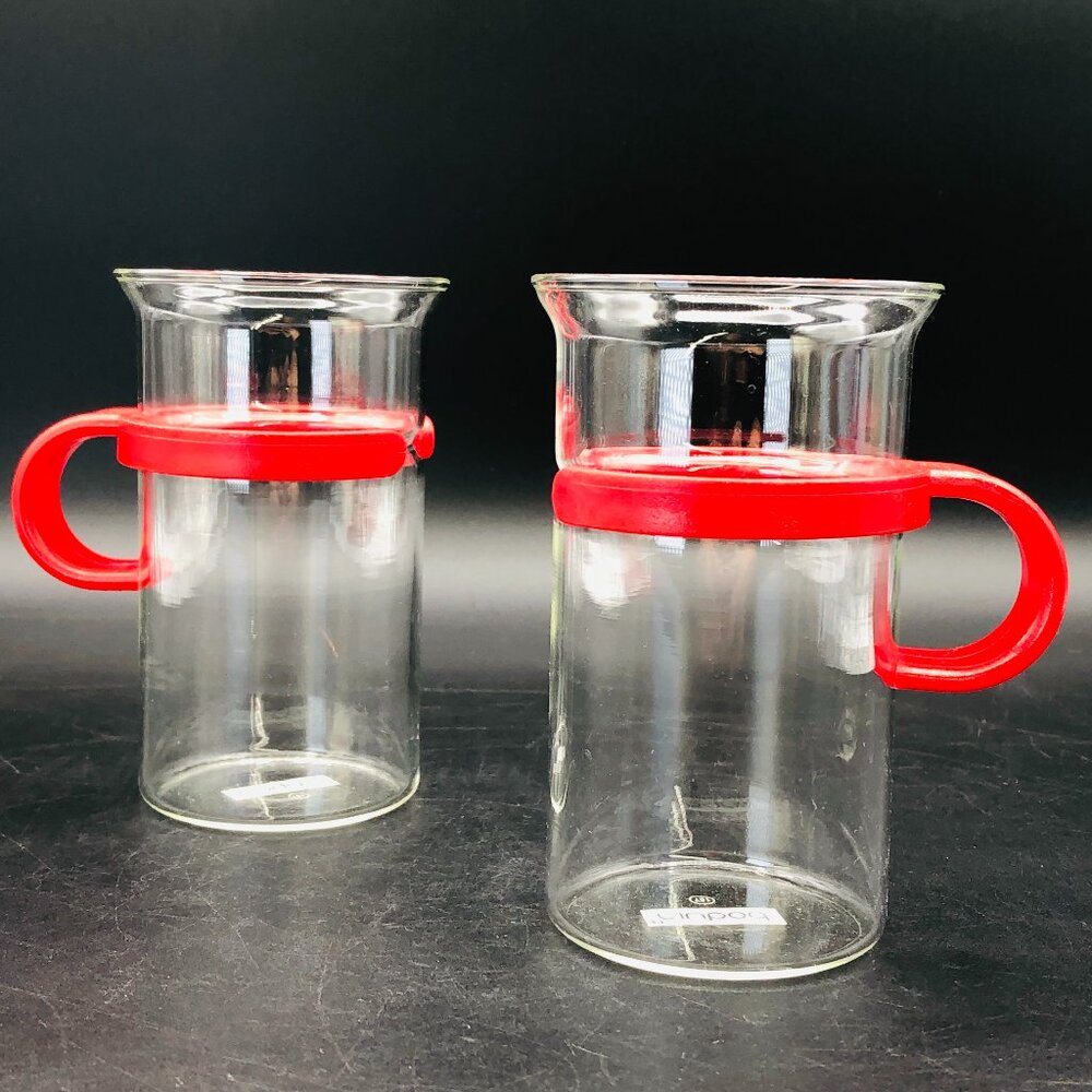80s Bodum Denmark Red Round Handles Tall Coffee Cup PAIR Vintage Retro Kitchen